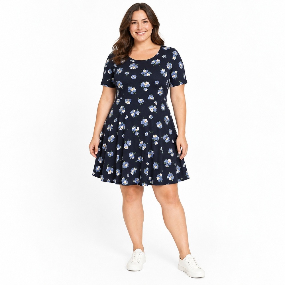 Old Navy Floral Fit Flare Dress Women XL Navy Short Sleeve Scoop Neck